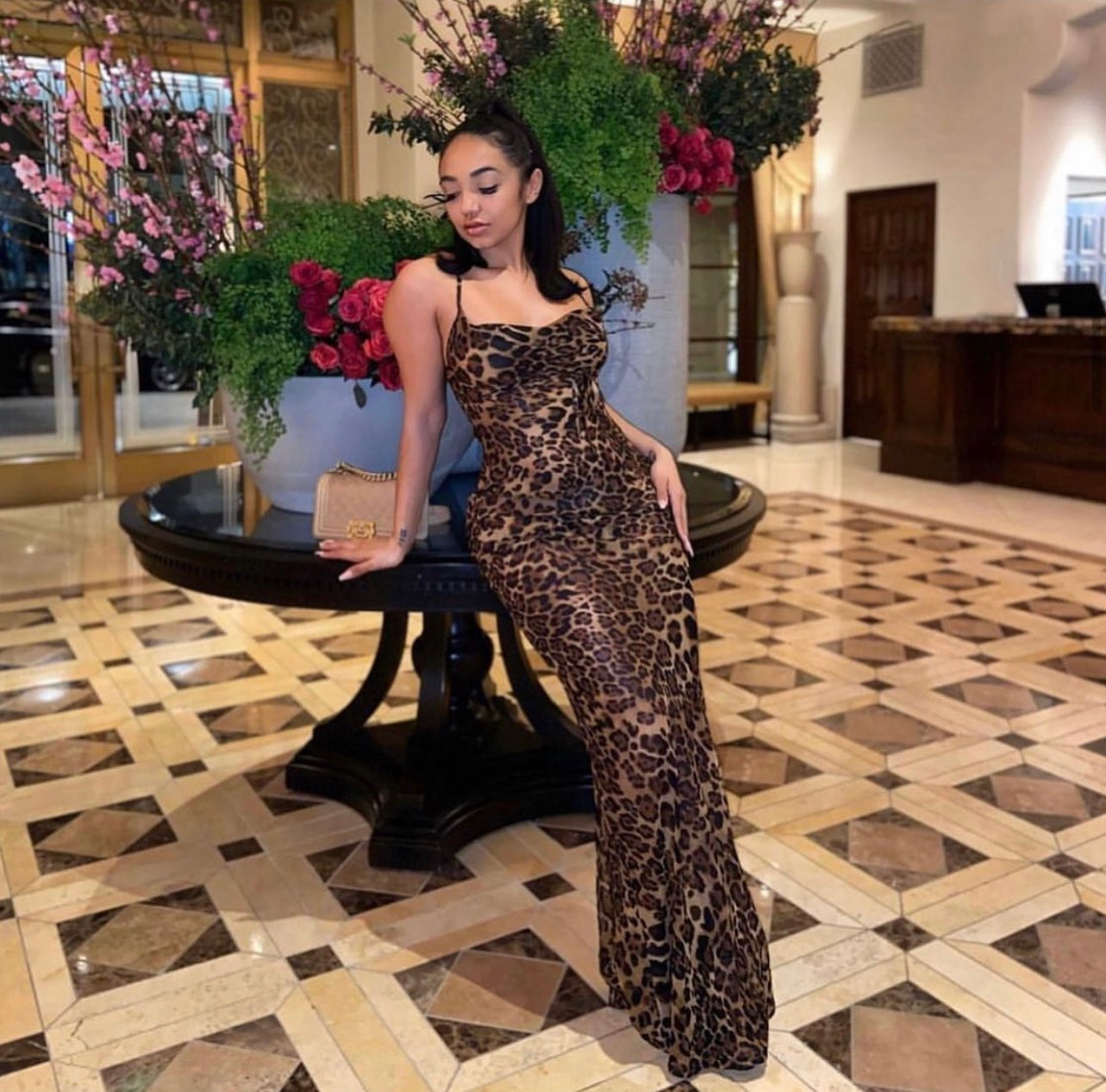 Lux Long Leopard Print Maxi Sheer Dress